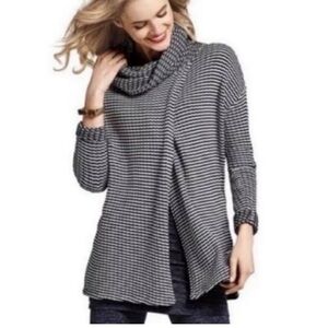 CABi Fergie Cotton Striped Textured Knit Split Overlapping Turtleneck Sweater S